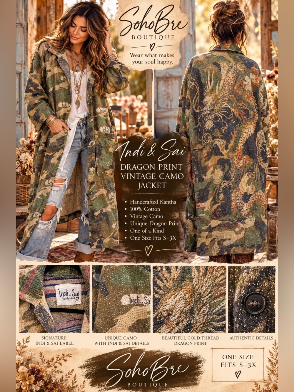 Indi & Sai Dragon Print Vintage Camo Kantha Duster Coat | One of a Kind!